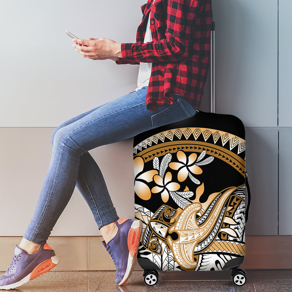 Gold Polynesian Hammerhead Shark Tattoo Luggage Cover Royal Plumeria Gradient Vibes LT14 - Polynesian Pride