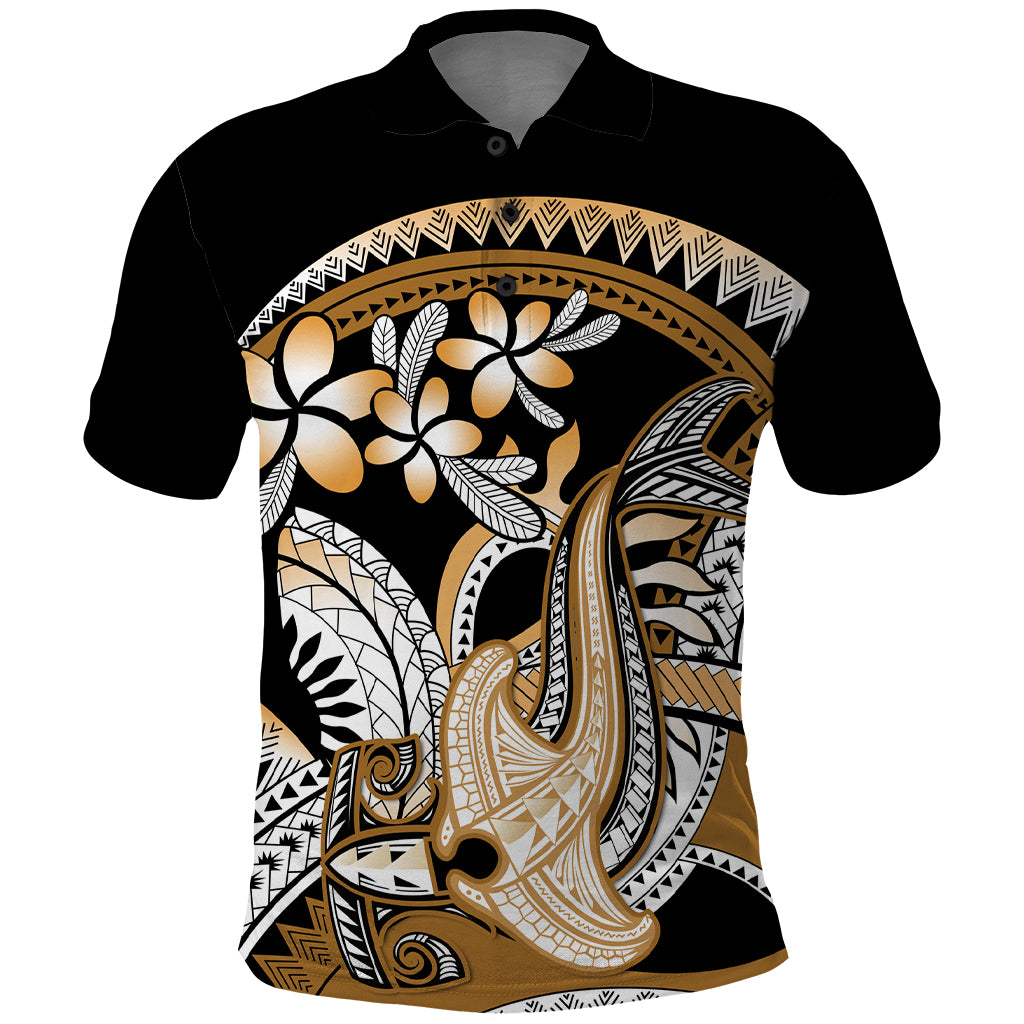 Gold Polynesian Hammerhead Shark Tattoo Polo Shirt Royal Plumeria Gradient Vibes LT14 Gold - Polynesian Pride