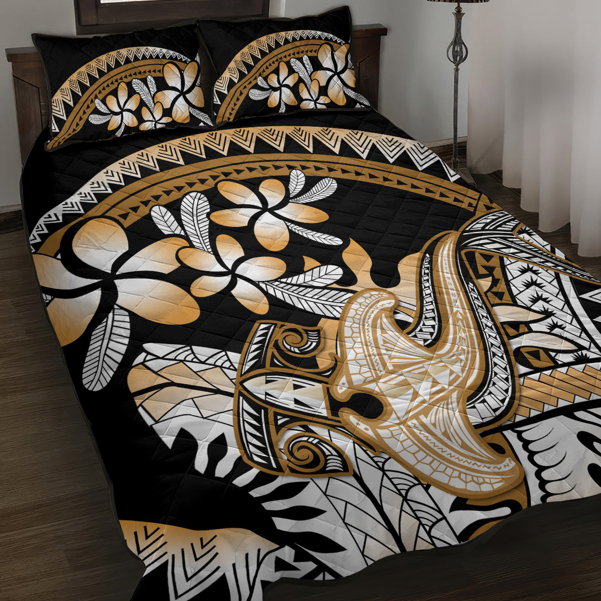 Gold Polynesian Hammerhead Shark Tattoo Quilt Bed Set Royal Plumeria Gradient Vibes LT14 Gold - Polynesian Pride