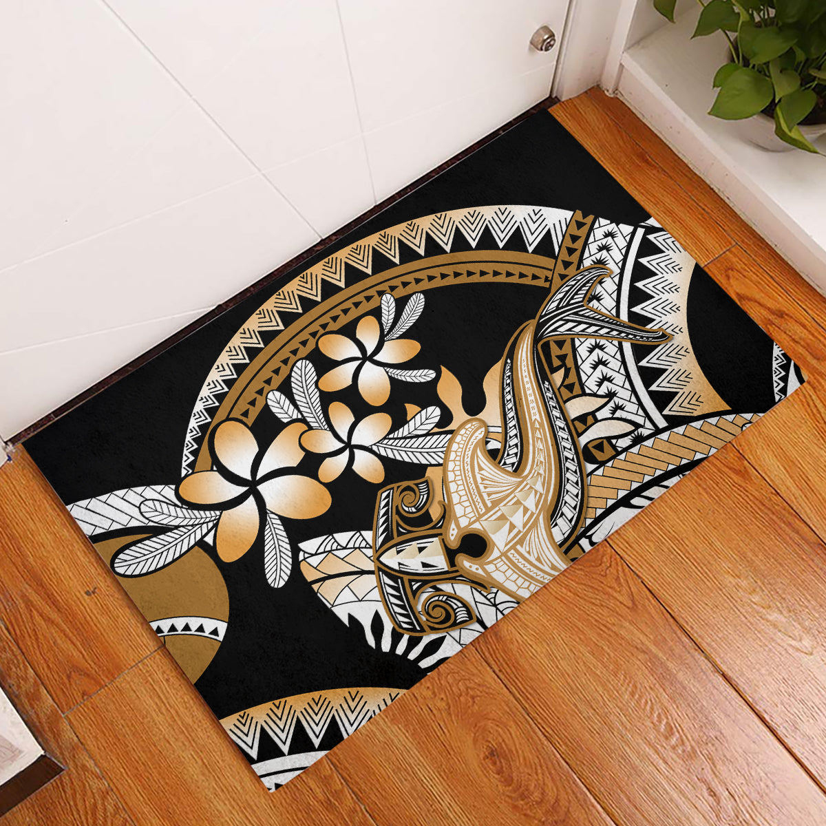 Gold Polynesian Hammerhead Shark Tattoo Rubber Doormat Royal Plumeria Gradient Vibes LT14 Gold - Polynesian Pride