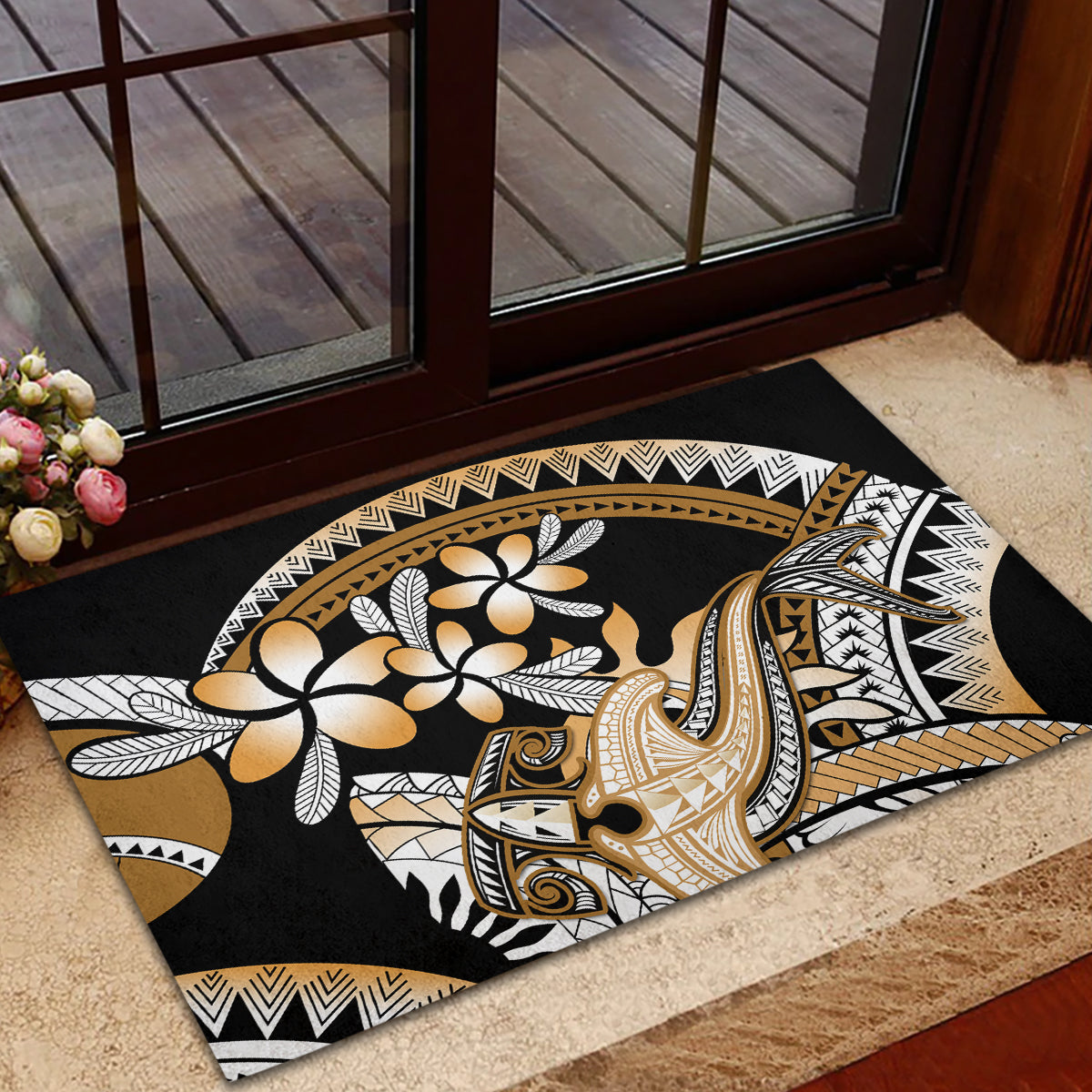 Gold Polynesian Hammerhead Shark Tattoo Rubber Doormat Royal Plumeria Gradient Vibes LT14 - Polynesian Pride
