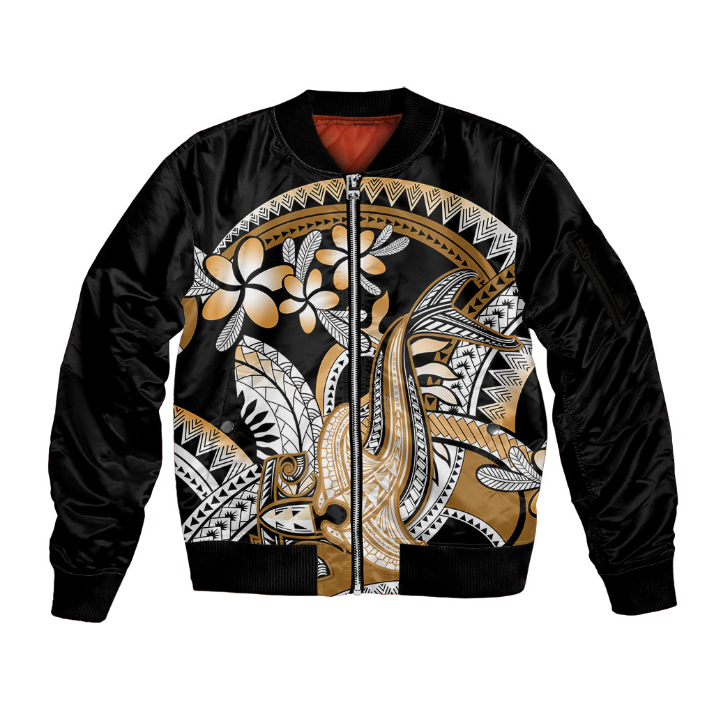 Gold Polynesian Hammerhead Shark Tattoo Sleeve Zip Bomber Jacket Royal Plumeria Gradient Vibes LT14 Unisex Gold - Polynesian Pride