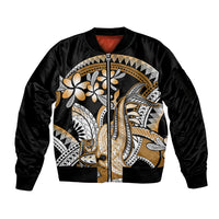 Gold Polynesian Hammerhead Shark Tattoo Sleeve Zip Bomber Jacket Royal Plumeria Gradient Vibes LT14 Unisex Gold - Polynesian Pride