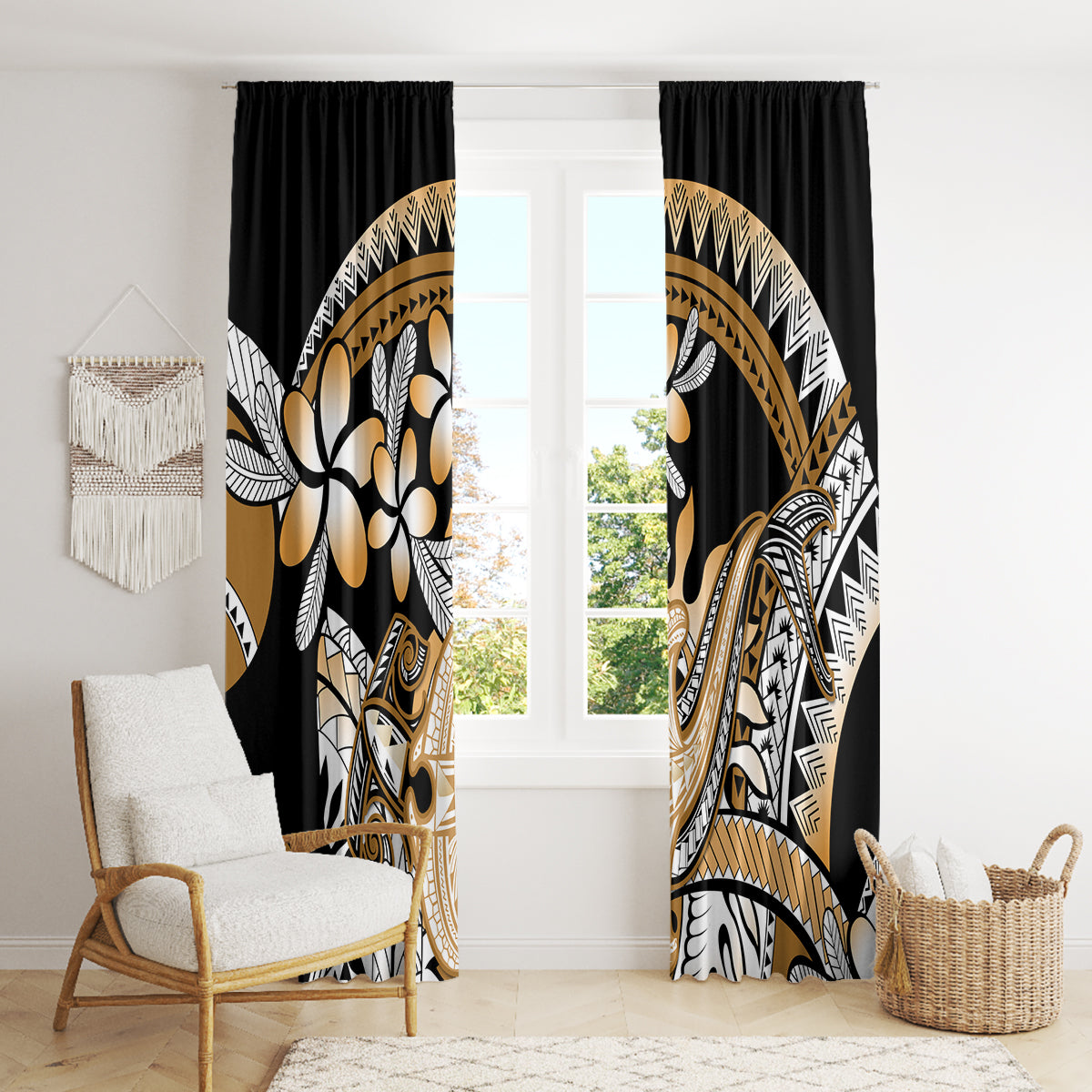 Gold Polynesian Hammerhead Shark Tattoo Window Curtain Royal Plumeria Gradient Vibes LT14 - Polynesian Pride