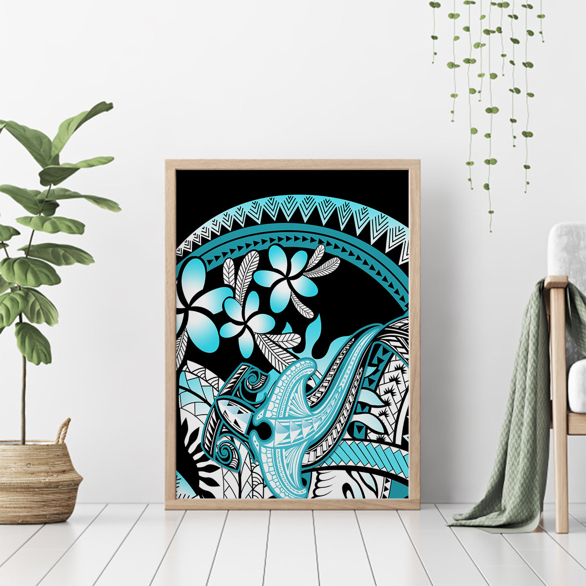 Turquoise Polynesian Hammerhead Shark Tattoo Canvas Wall Art Royal Plumeria Gradient Vibes LT14 - Polynesian Pride