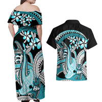Turquoise Polynesian Hammerhead Shark Tattoo Couples Matching Off Shoulder Maxi Dress and Hawaiian Shirt Royal Plumeria Gradient Vibes LT14 - Polynesian Pride