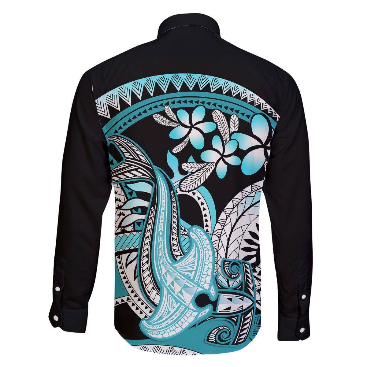 Turquoise Polynesian Hammerhead Shark Tattoo Family Matching Long Sleeve Bodycon Dress and Hawaiian Shirt Royal Plumeria Gradient Vibes LT14 - Polynesian Pride