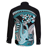 Turquoise Polynesian Hammerhead Shark Tattoo Family Matching Long Sleeve Bodycon Dress and Hawaiian Shirt Royal Plumeria Gradient Vibes LT14 - Polynesian Pride