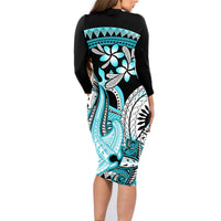 Turquoise Polynesian Hammerhead Shark Tattoo Family Matching Long Sleeve Bodycon Dress and Hawaiian Shirt Royal Plumeria Gradient Vibes LT14 - Polynesian Pride