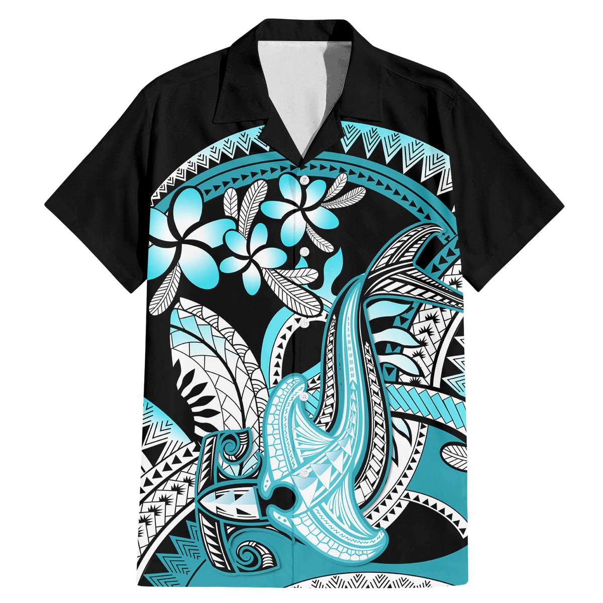 Turquoise Polynesian Hammerhead Shark Tattoo Family Matching Mermaid Dress and Hawaiian Shirt Royal Plumeria Gradient Vibes LT14 Dad's Shirt - Short Sleeve Turquoise - Polynesian Pride