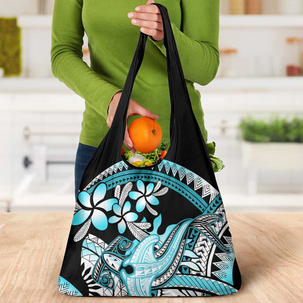 Turquoise Polynesian Hammerhead Shark Tattoo Grocery Bag Royal Plumeria Gradient Vibes
