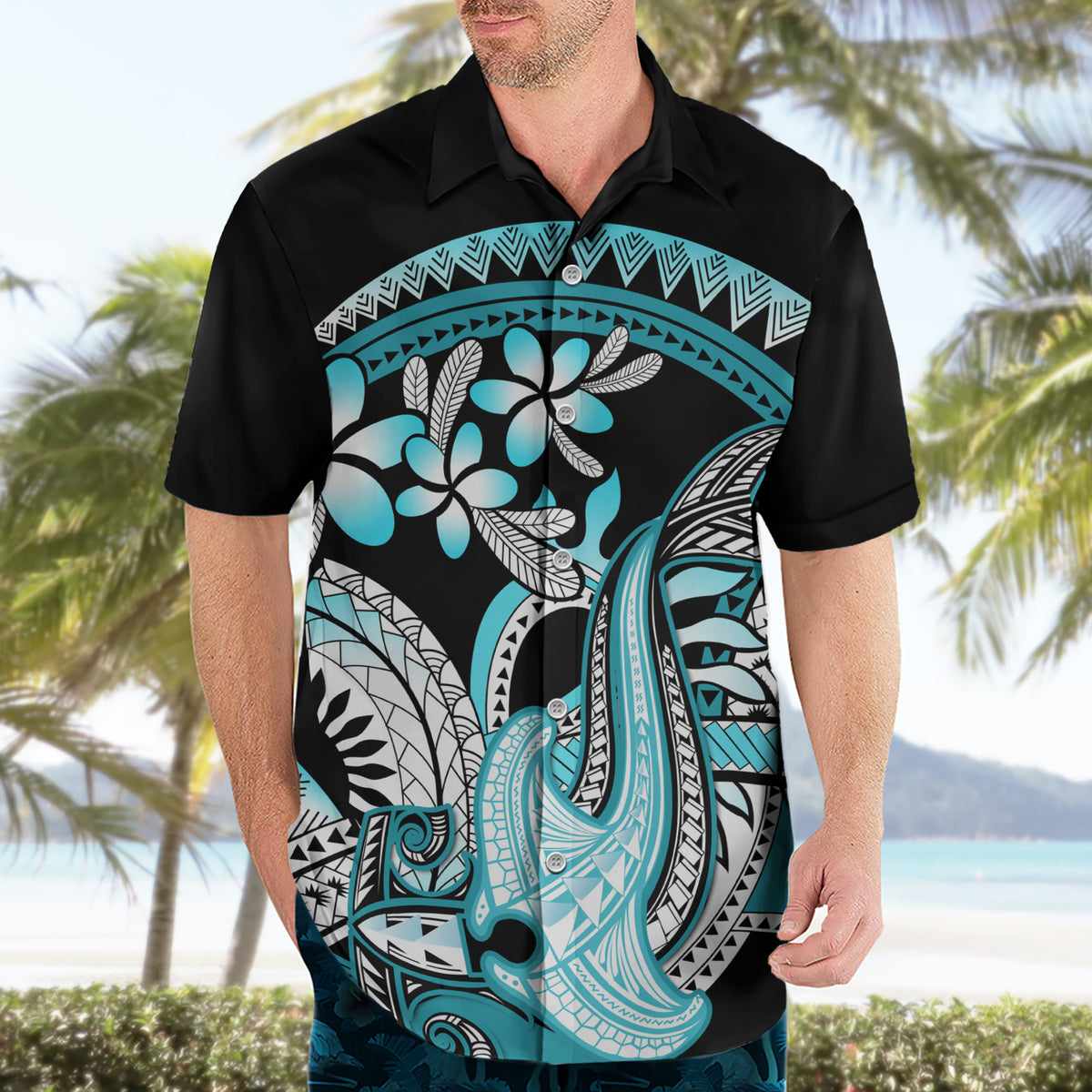 Turquoise Polynesian Hammerhead Shark Tattoo Hawaiian Shirt Royal Plumeria Gradient Vibes LT14 - Polynesian Pride