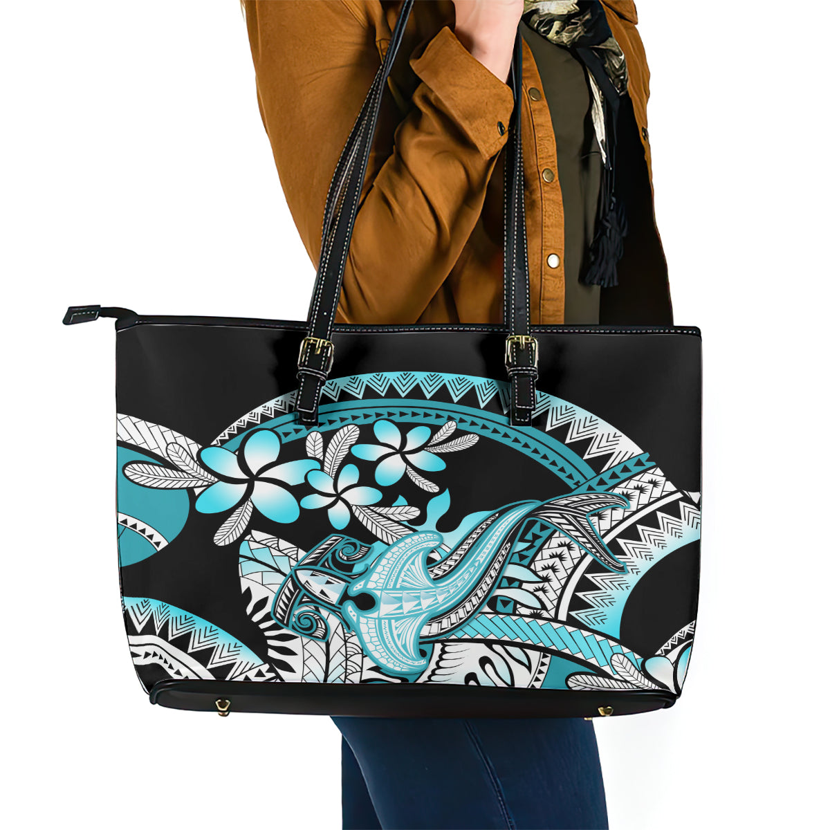 Turquoise Polynesian Hammerhead Shark Tattoo Leather Tote Bag Royal Plumeria Gradient Vibes LT14 - Polynesian Pride