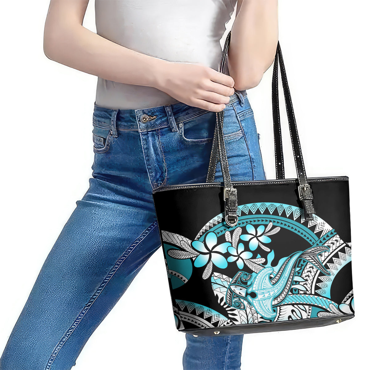 Turquoise Polynesian Hammerhead Shark Tattoo Leather Tote Bag Royal Plumeria Gradient Vibes LT14 - Polynesian Pride