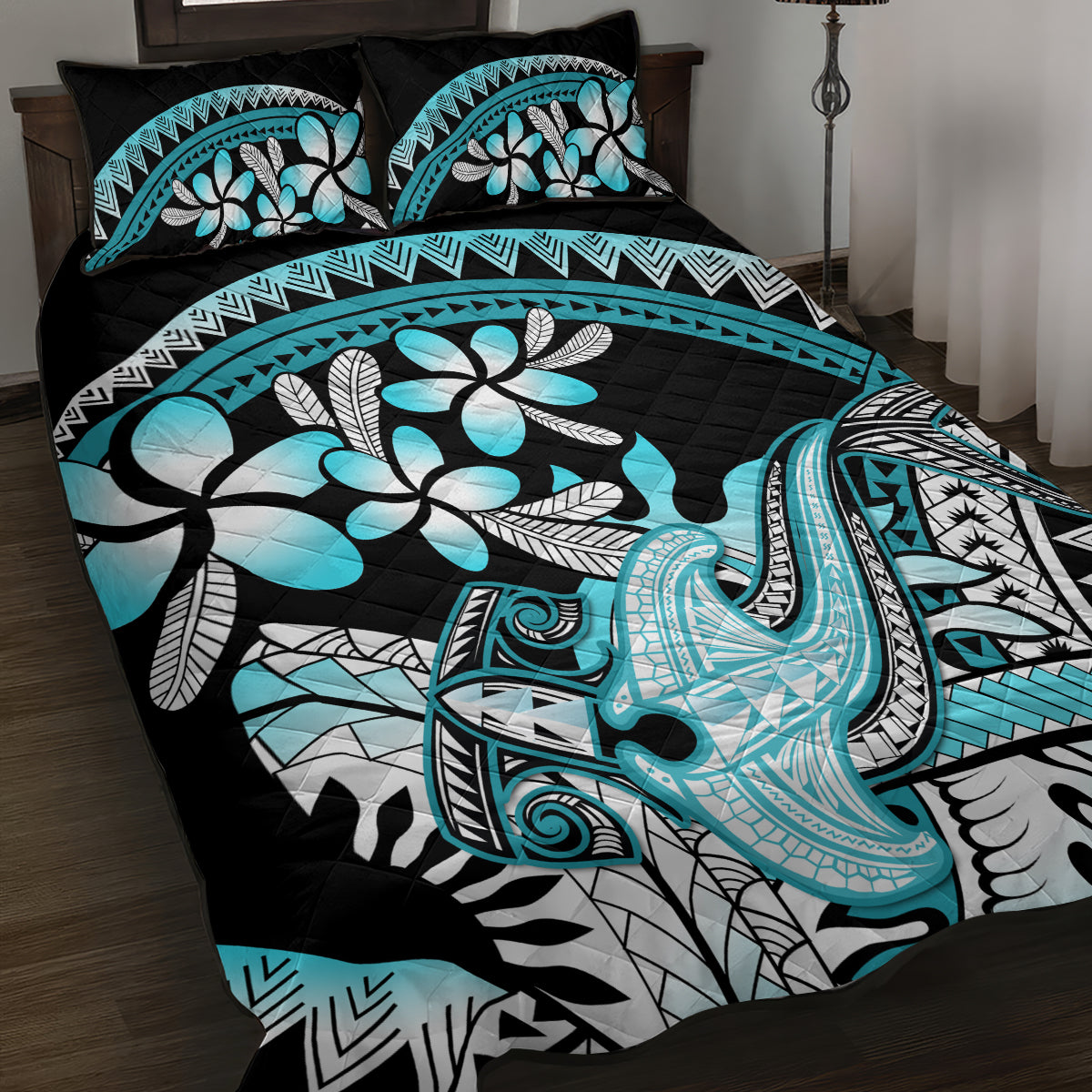 Turquoise Polynesian Hammerhead Shark Tattoo Quilt Bed Set Royal Plumeria Gradient Vibes LT14 Turquoise - Polynesian Pride