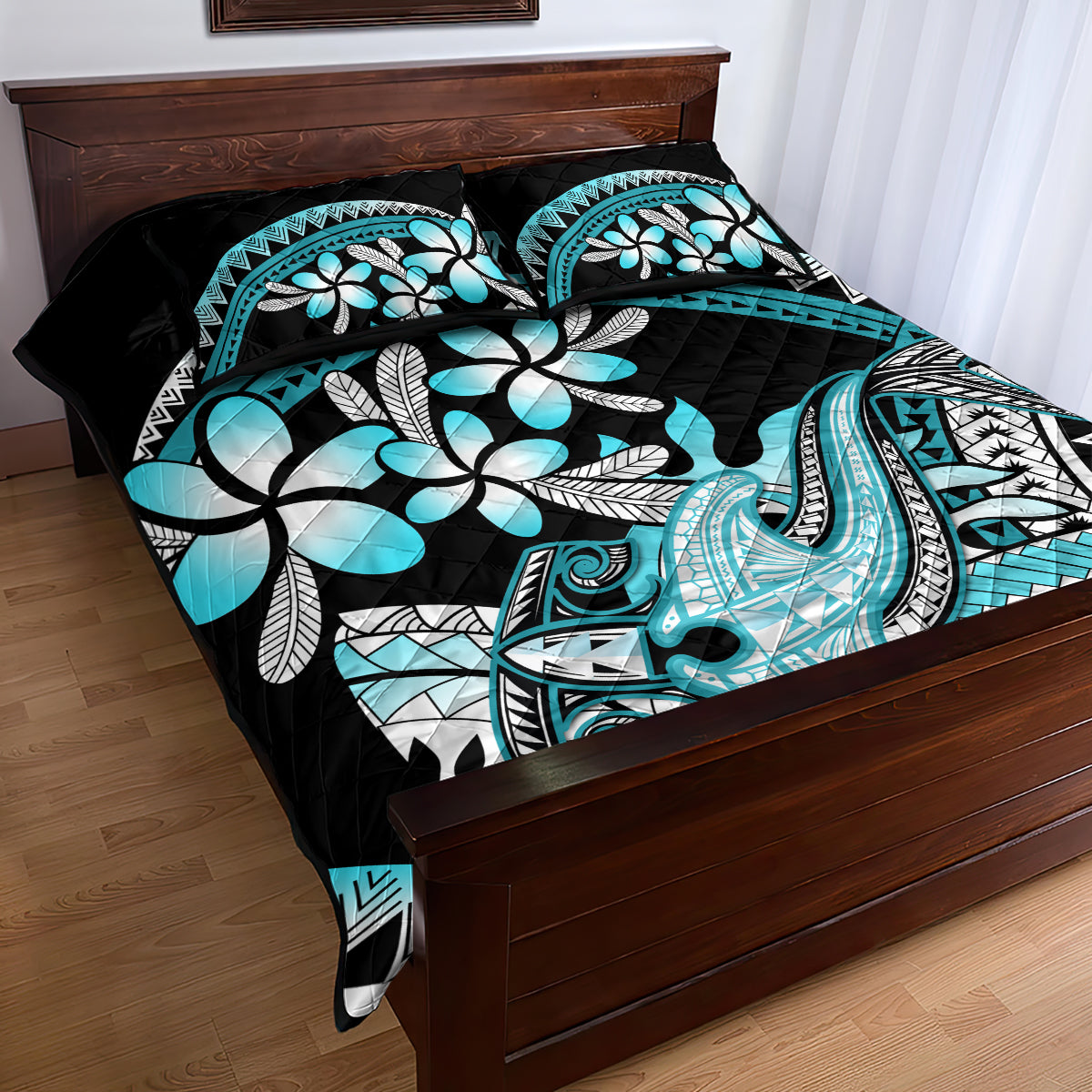 Turquoise Polynesian Hammerhead Shark Tattoo Quilt Bed Set Royal Plumeria Gradient Vibes LT14 - Polynesian Pride