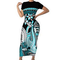 Turquoise Polynesian Hammerhead Shark Tattoo Short Sleeve Bodycon Dress Royal Plumeria Gradient Vibes LT14 Long Dress Turquoise - Polynesian Pride