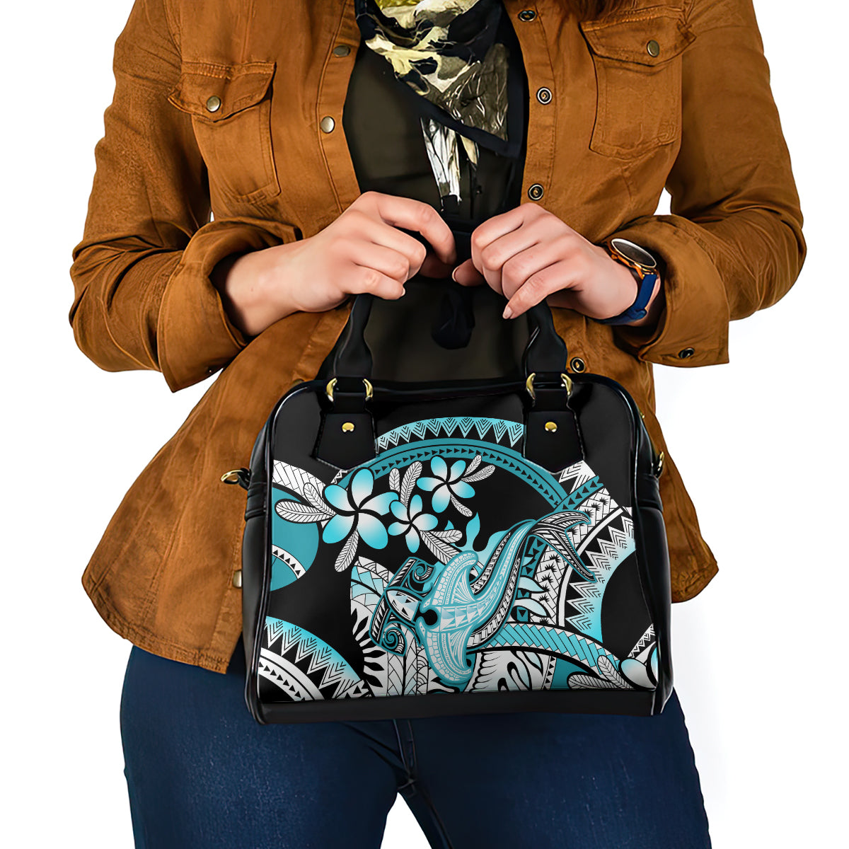 Turquoise Polynesian Hammerhead Shark Tattoo Shoulder Handbag Royal Plumeria Gradient Vibes LT14 - Polynesian Pride