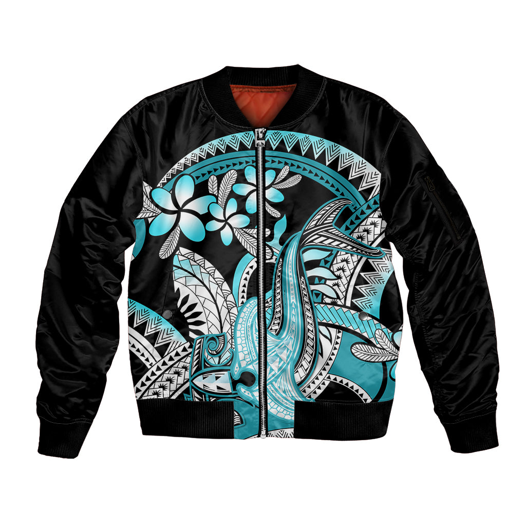 Turquoise Polynesian Hammerhead Shark Tattoo Sleeve Zip Bomber Jacket Royal Plumeria Gradient Vibes LT14 Unisex Turquoise - Polynesian Pride