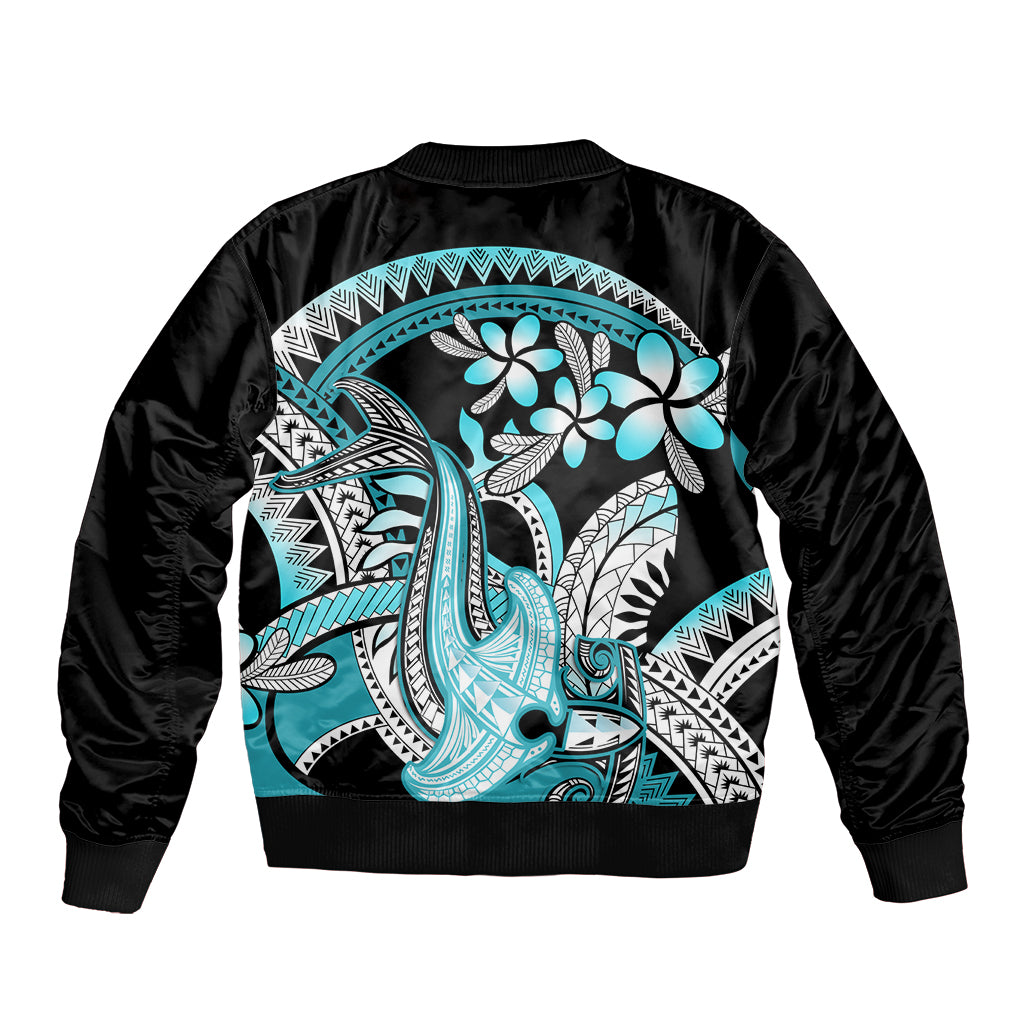 Turquoise Polynesian Hammerhead Shark Tattoo Sleeve Zip Bomber Jacket Royal Plumeria Gradient Vibes LT14 - Polynesian Pride