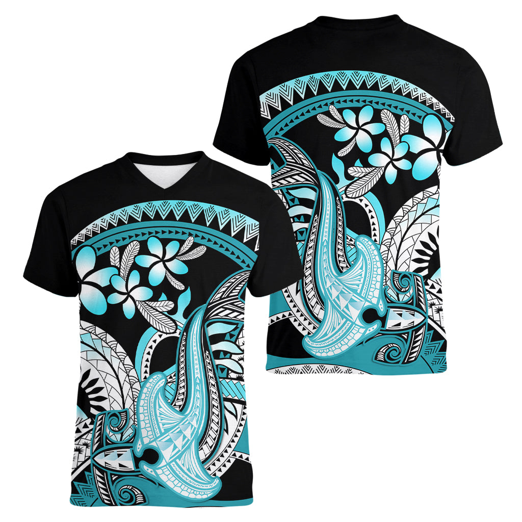 Turquoise Polynesian Hammerhead Shark Tattoo Women V Neck T Shirt Royal Plumeria Gradient Vibes LT14 - Polynesian Pride
