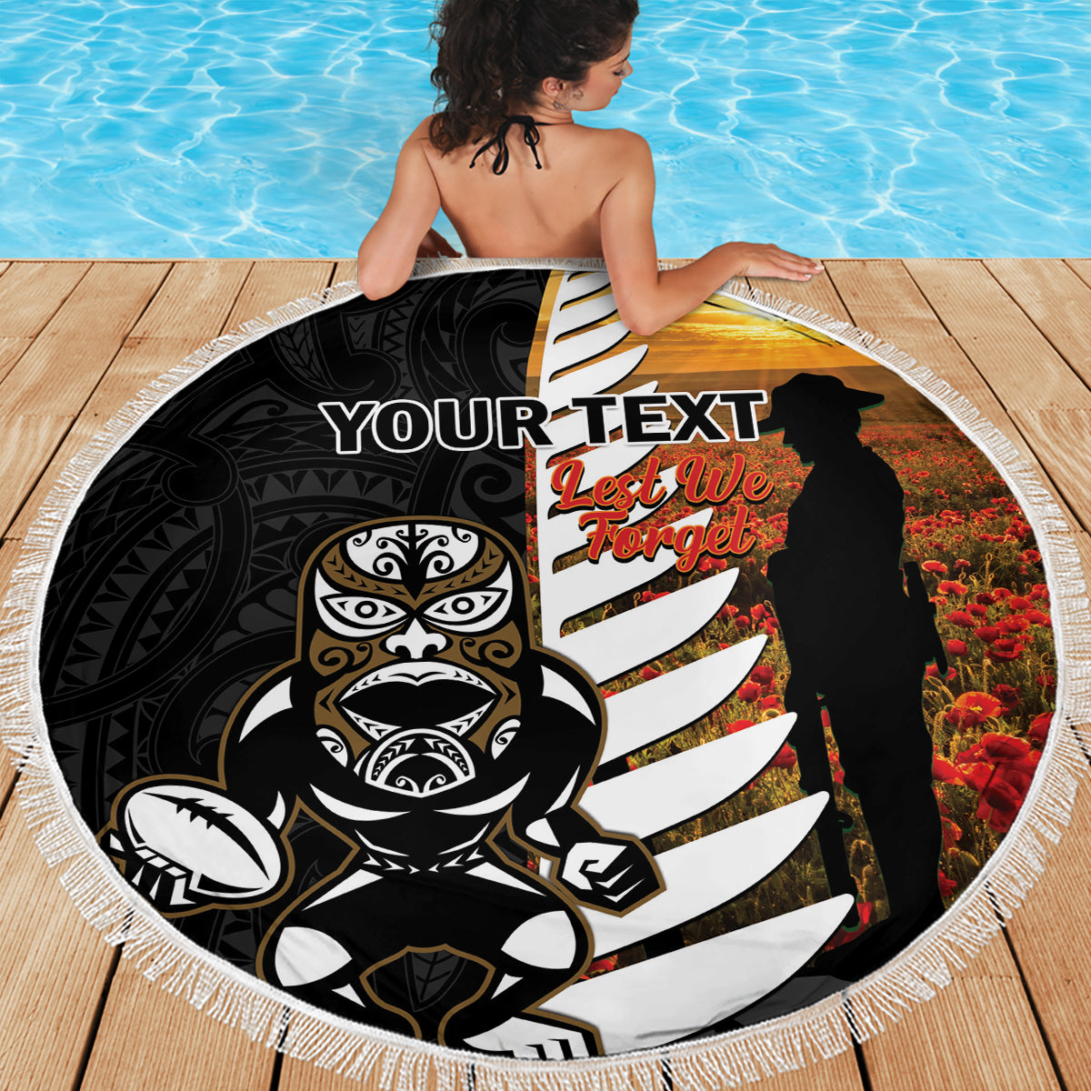 Custom New Zealand Silver Fern Rugby ANZAC Day Beach Blanket 2024 All Black Tiki Mascot