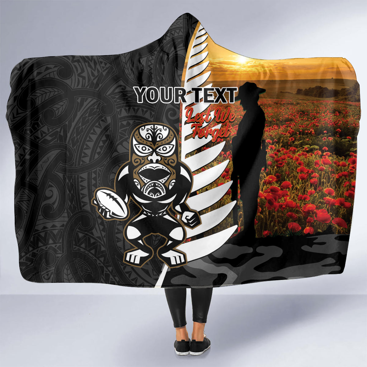 Custom New Zealand Silver Fern Rugby ANZAC Day Hooded Blanket 2024 All Black Tiki Mascot
