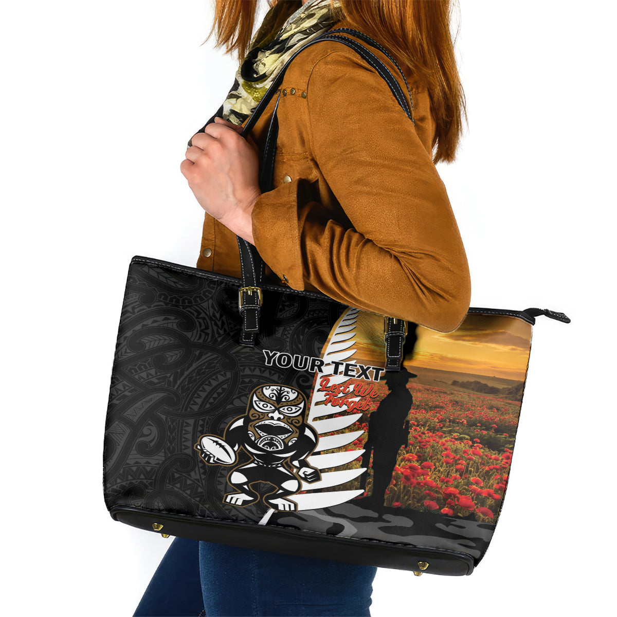 Custom New Zealand Silver Fern Rugby ANZAC Day Leather Tote Bag 2024 All Black Tiki Mascot