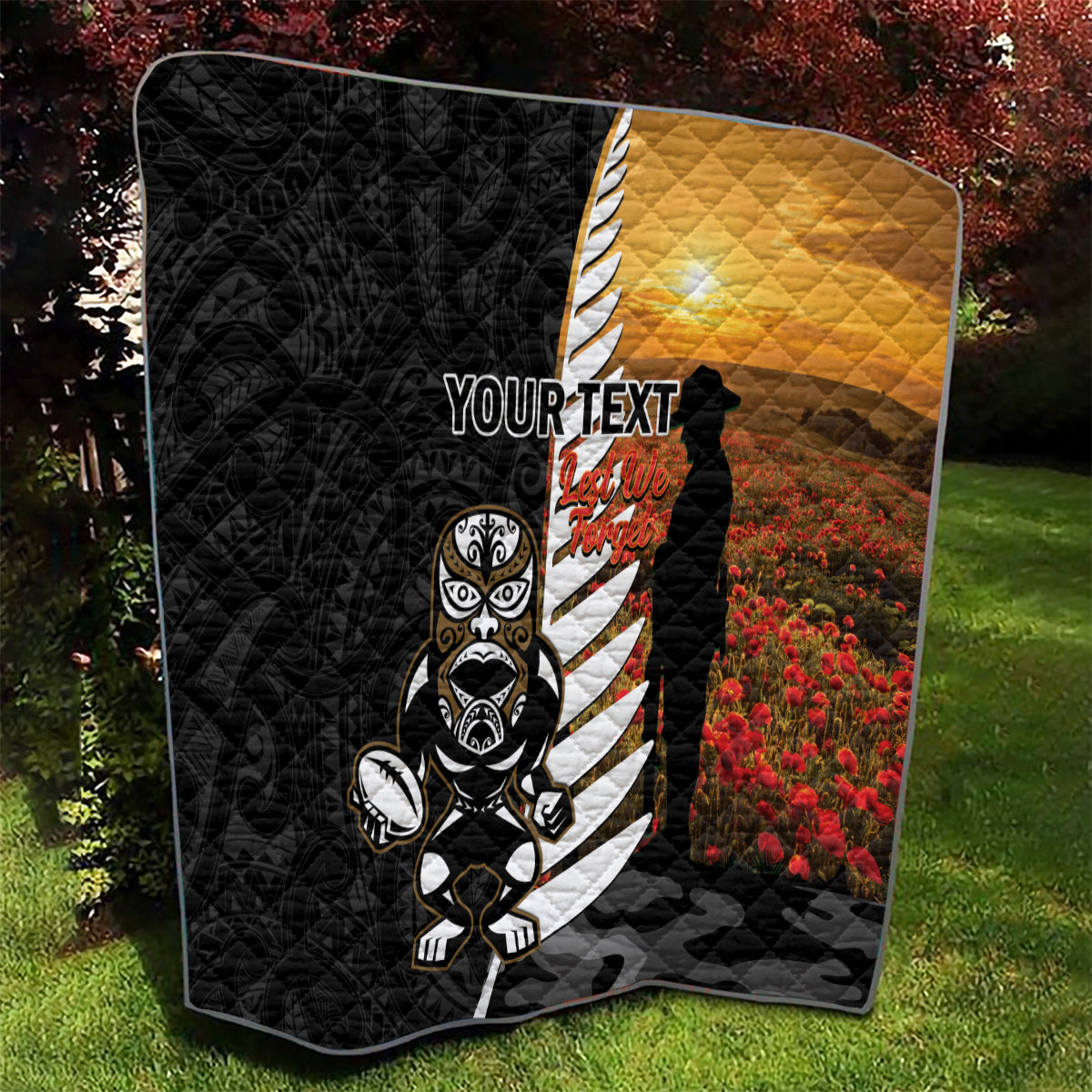 Custom New Zealand Silver Fern Rugby ANZAC Day Quilt 2024 All Black Tiki Mascot