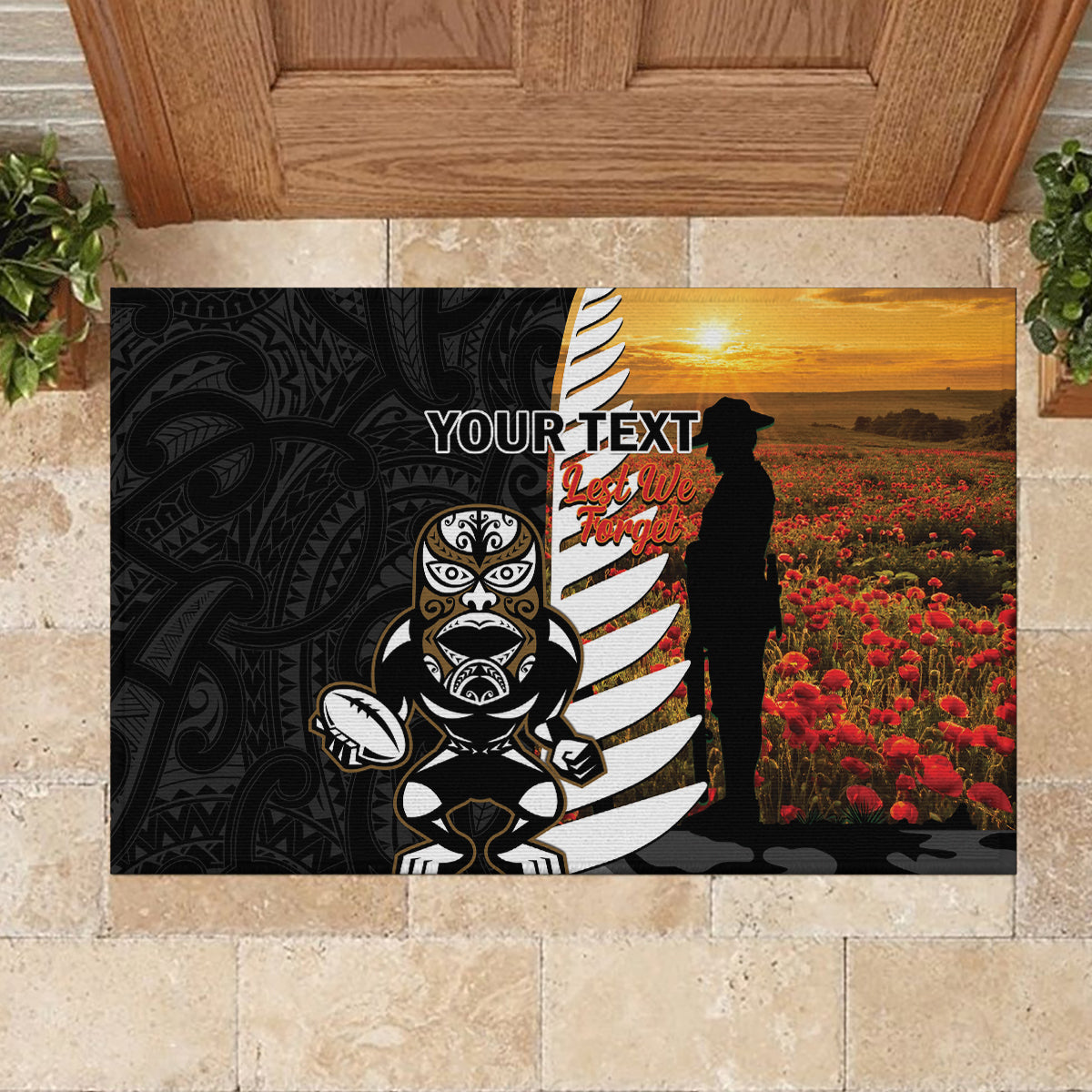 Custom New Zealand Silver Fern Rugby ANZAC Day Rubber Doormat 2024 All Black Tiki Mascot