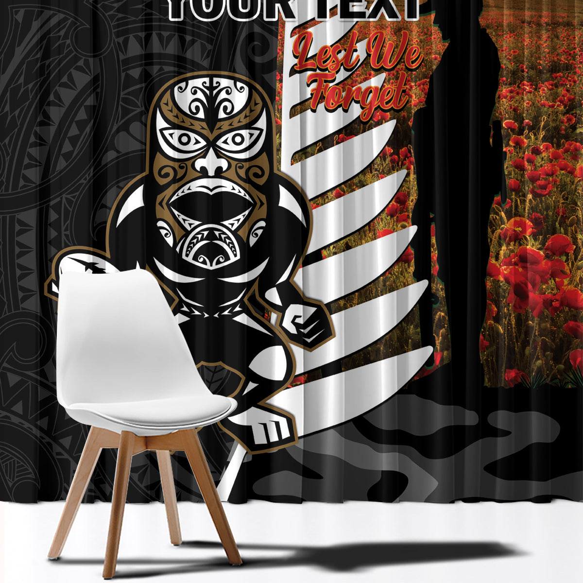 Custom New Zealand Silver Fern Rugby ANZAC Day Window Curtain 2024 All Black Tiki Mascot