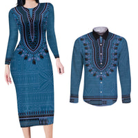 Blue African Dashiki With Fijian Tapa Pattern Couples Matching Long Sleeve Bodycon Dress and Long Sleeve Button Shirt LT14 Blue - Polynesian Pride