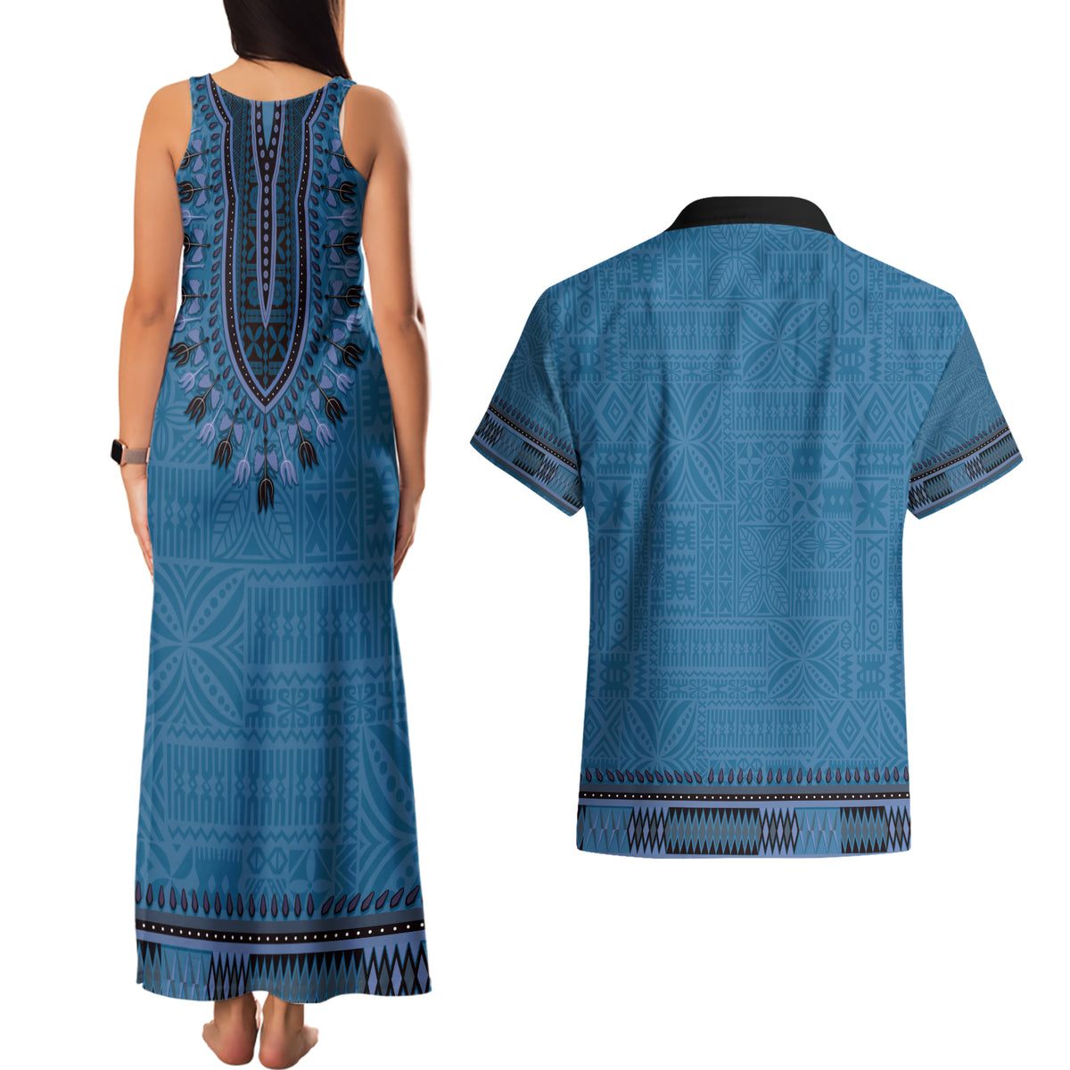 Blue African Dashiki With Fijian Tapa Pattern Couples Matching Tank Maxi Dress and Hawaiian Shirt LT14 - Polynesian Pride