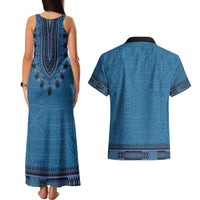 Blue African Dashiki With Fijian Tapa Pattern Couples Matching Tank Maxi Dress and Hawaiian Shirt LT14 - Polynesian Pride