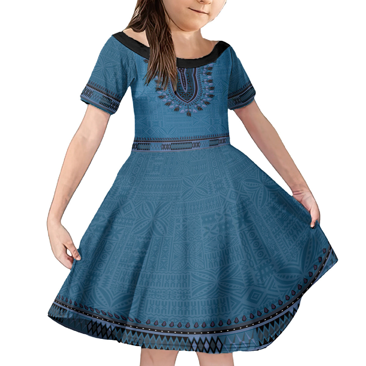 Blue African Dashiki With Fijian Tapa Pattern Family Matching Long Sleeve Bodycon Dress and Hawaiian Shirt