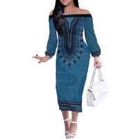 Blue African Dashiki With Fijian Tapa Pattern Family Matching Off The Shoulder Long Sleeve Dress and Hawaiian Shirt