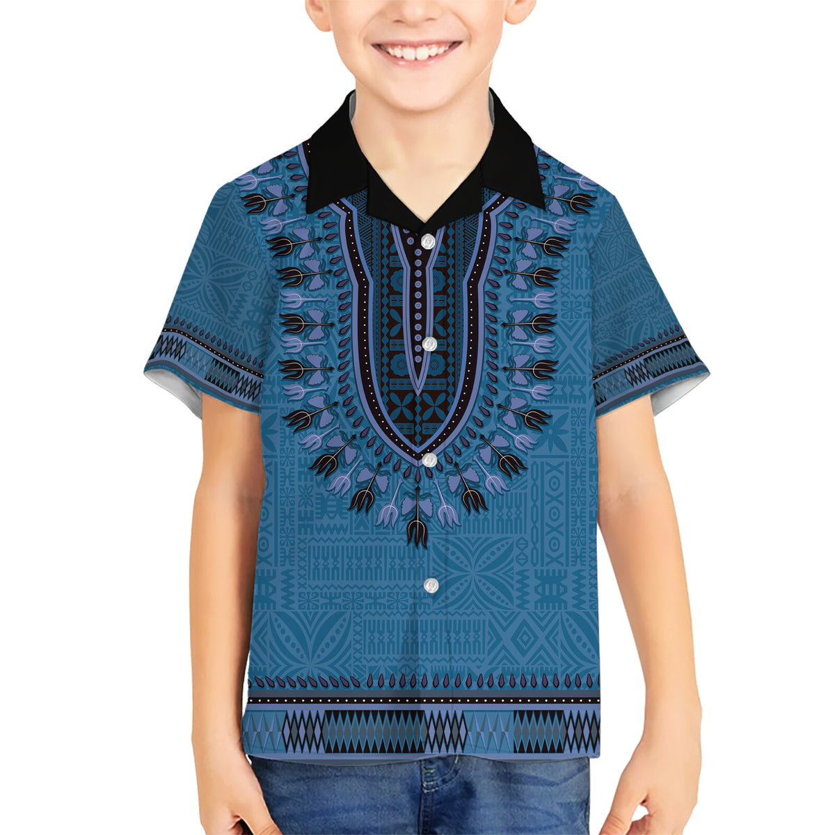 Blue African Dashiki With Fijian Tapa Pattern Hawaiian Shirt