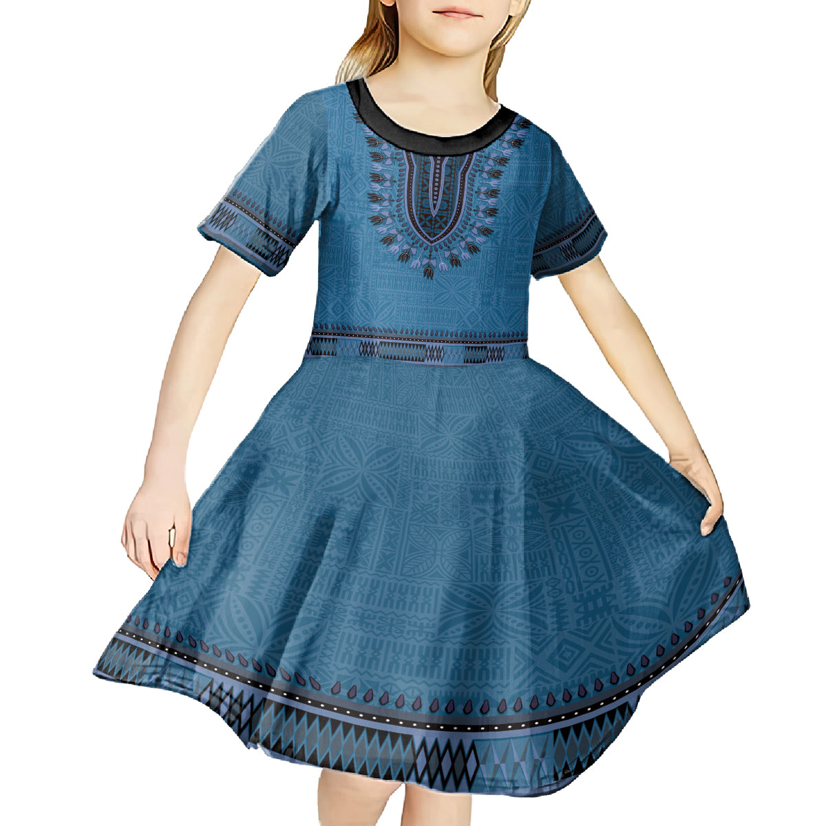 Blue African Dashiki With Fijian Tapa Pattern Kid Short Sleeve Dress LT14 - Polynesian Pride