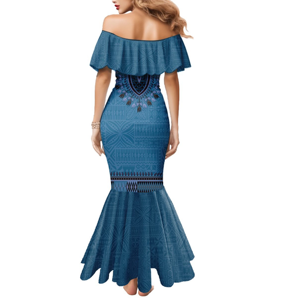 Blue African Dashiki With Fijian Tapa Pattern Mermaid Dress LT14 - Polynesian Pride