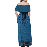 Blue African Dashiki With Fijian Tapa Pattern Off Shoulder Maxi Dress