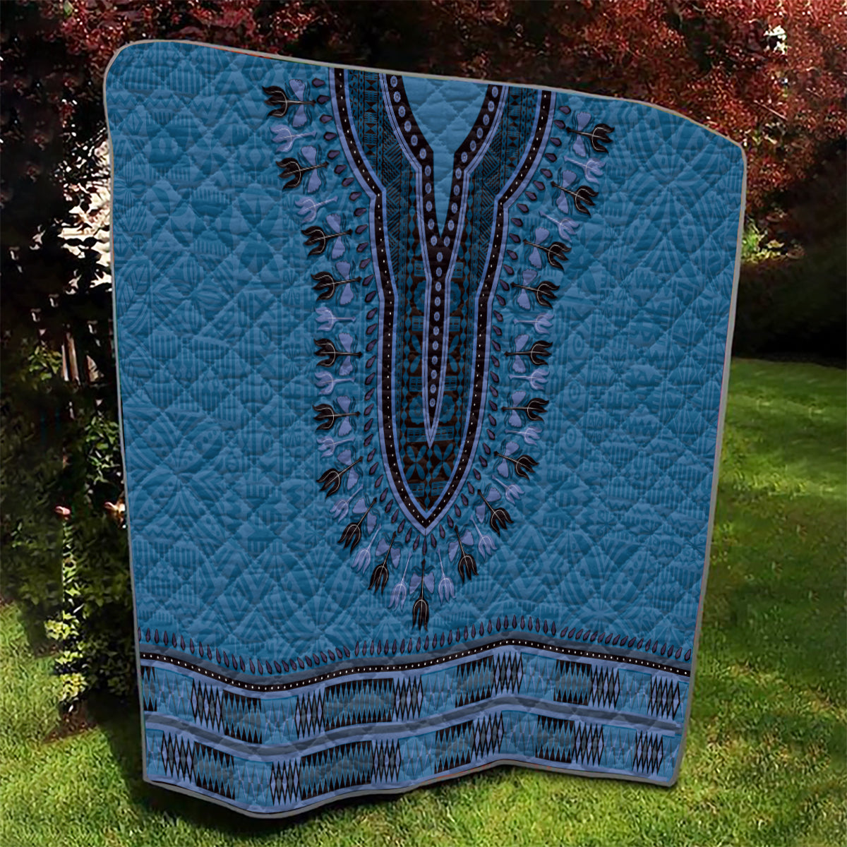 Blue African Dashiki With Fijian Tapa Pattern Quilt