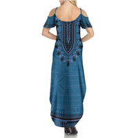 Blue African Dashiki With Fijian Tapa Pattern Summer Maxi Dress