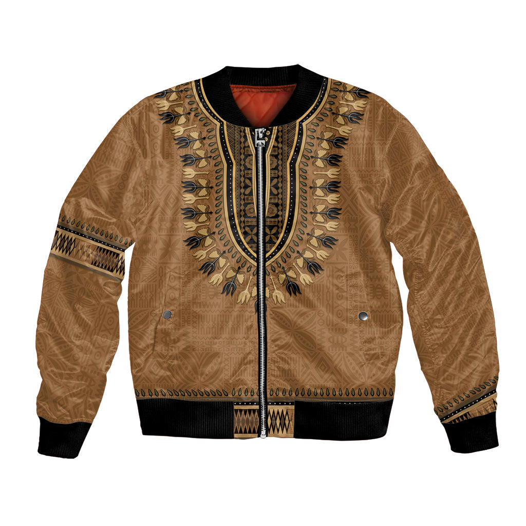 Brown African Dashiki With Fijian Tapa Pattern Bomber Jacket