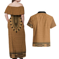 Brown African Dashiki With Fijian Tapa Pattern Couples Matching Off Shoulder Maxi Dress and Hawaiian Shirt