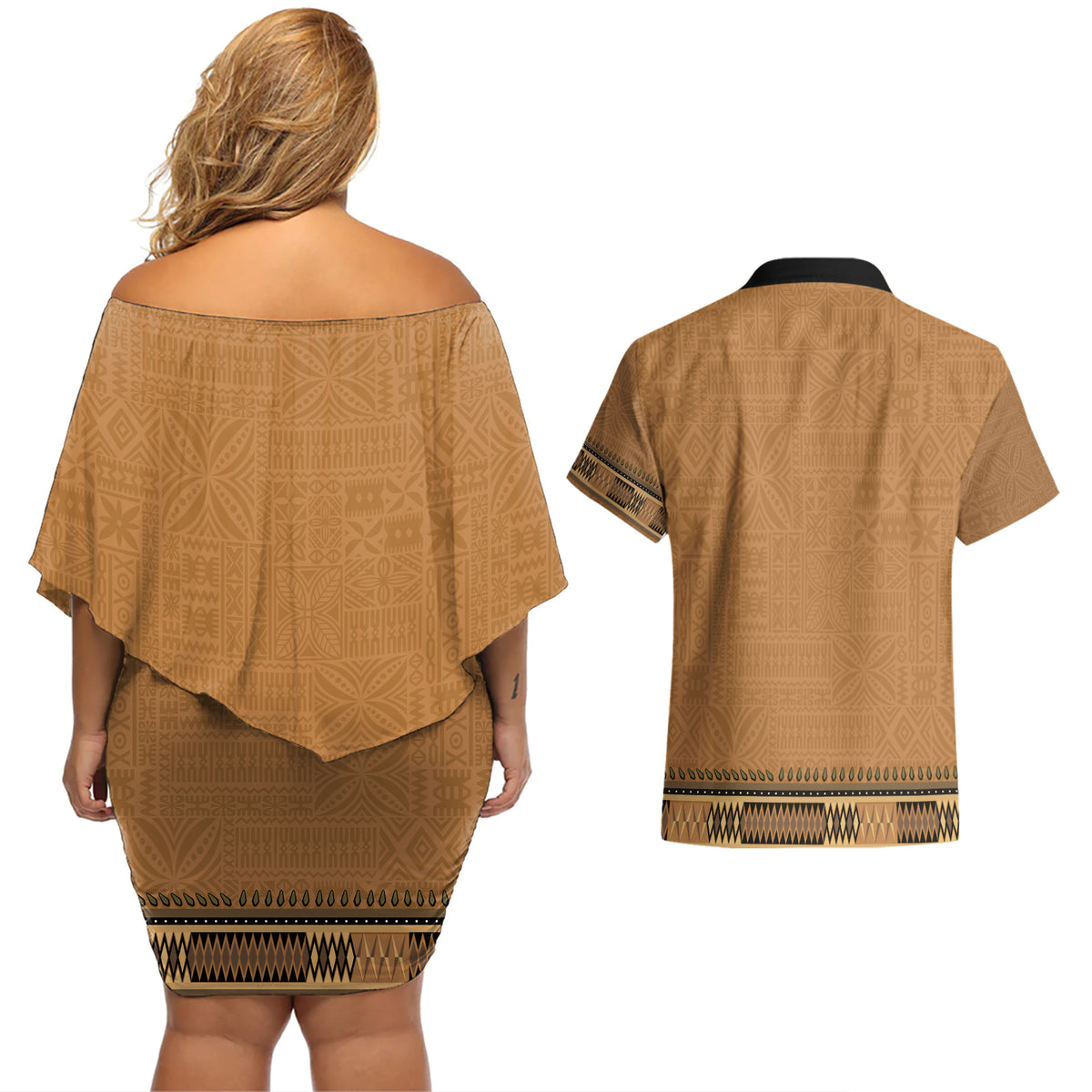 Brown African Dashiki With Fijian Tapa Pattern Couples Matching Off Shoulder Short Dress and Hawaiian Shirt