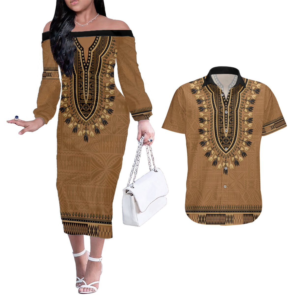 Brown African Dashiki With Fijian Tapa Pattern Couples Matching Off The Shoulder Long Sleeve Dress and Hawaiian Shirt LT14 Brown - Polynesian Pride