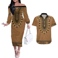 Brown African Dashiki With Fijian Tapa Pattern Couples Matching Off The Shoulder Long Sleeve Dress and Hawaiian Shirt LT14 Brown - Polynesian Pride