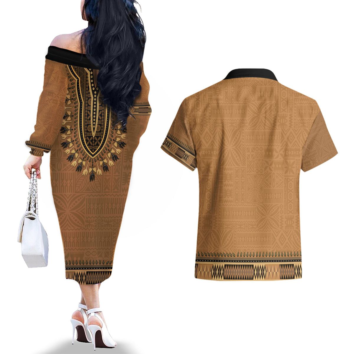Brown African Dashiki With Fijian Tapa Pattern Couples Matching Off The Shoulder Long Sleeve Dress and Hawaiian Shirt LT14 - Polynesian Pride