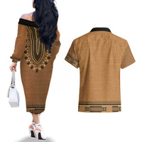 Brown African Dashiki With Fijian Tapa Pattern Couples Matching Off The Shoulder Long Sleeve Dress and Hawaiian Shirt LT14 - Polynesian Pride