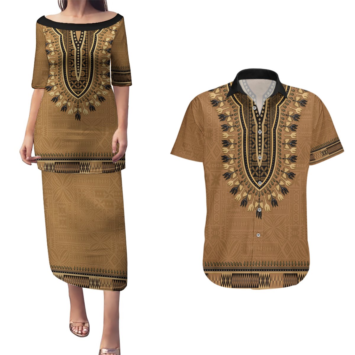 Brown African Dashiki With Fijian Tapa Pattern Couples Matching Puletasi and Hawaiian Shirt LT14 Brown - Polynesian Pride